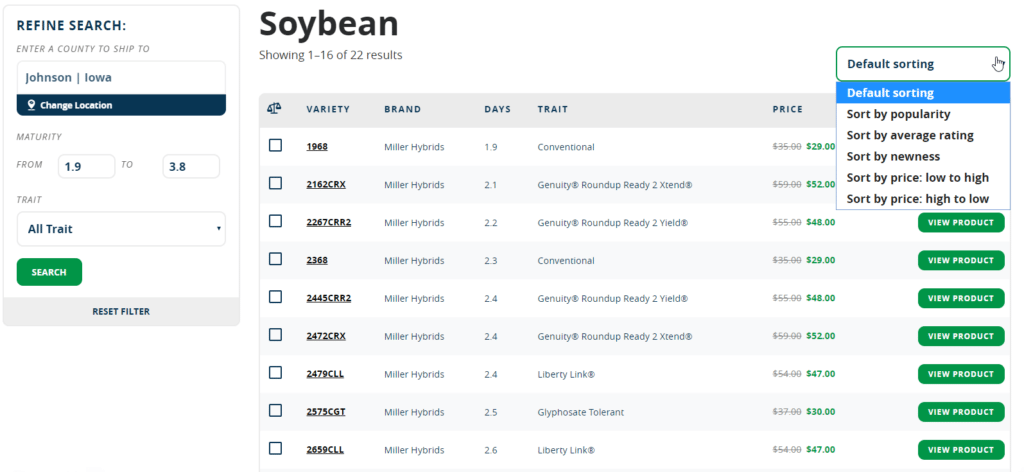 Buy Seed Online - Sorting Options